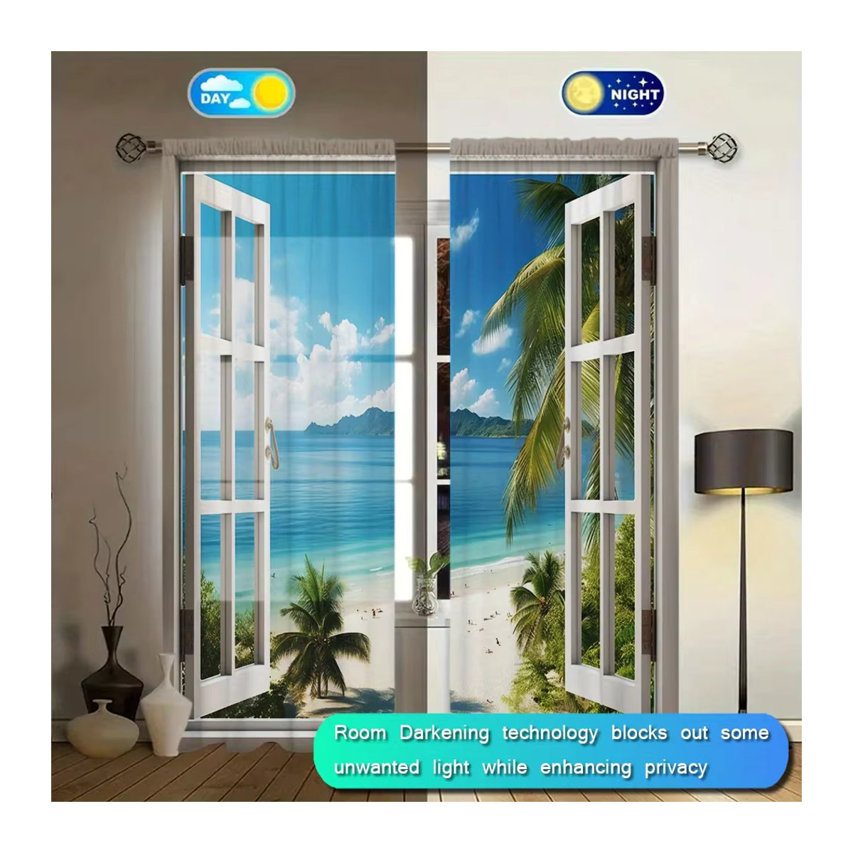 2 Stück Strandlandschaft Vorhang für deine Heimdekoration mit Stangentaschen für Schlafzimmer, Büro, Küche und Wohnzimmer - Bild 2