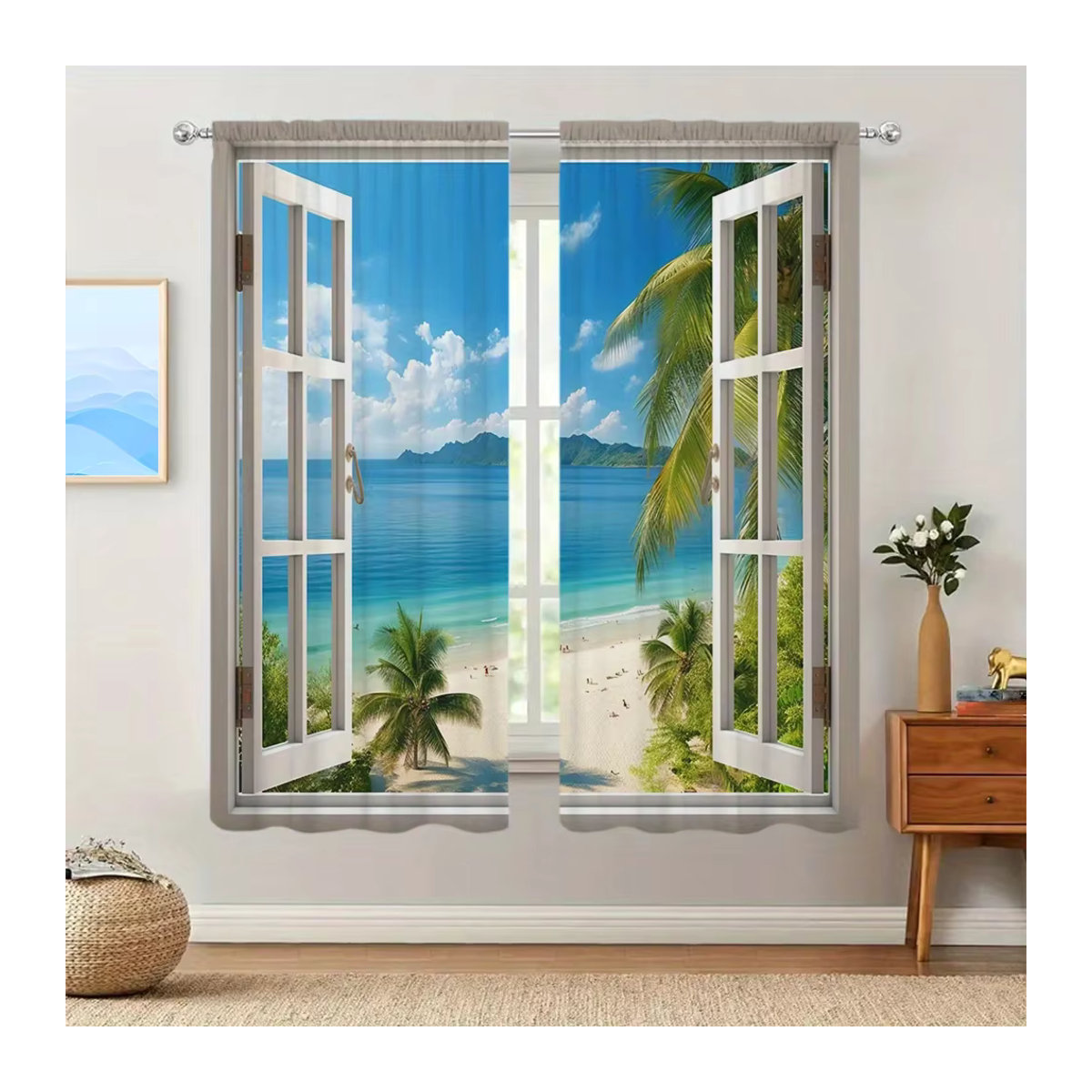 2 Stück Strandlandschaft Vorhang für deine Heimdekoration mit Stangentaschen für Schlafzimmer, Büro, Küche und Wohnzimmer - Bild 4