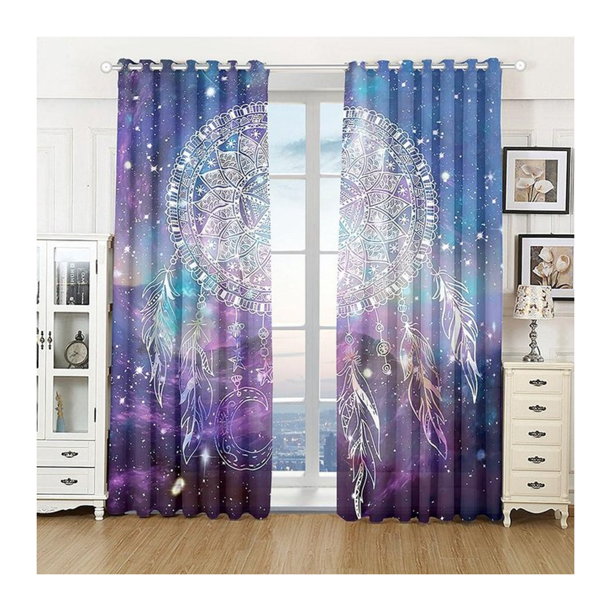 2 Stück Traumfänger Fenster Vorhänge mit Feder und Anker Design, halbtransparent, Multicolor, B: 50 cm, H: 130 cm - Bild 1