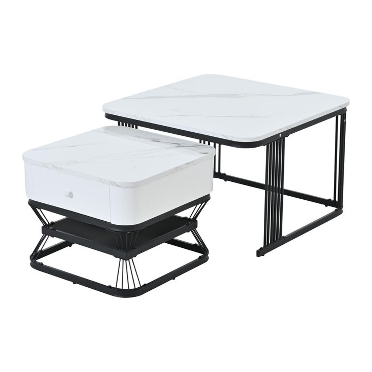 2-teiliges Couchtisch-Set PD1 in Weiß und Schwarz, quadratisch im modernen skandinavischen Design mit Schublade, B/T/H: 70 x 70 x 45 cm und 50 x 50 x 40 cm - Bild 1
