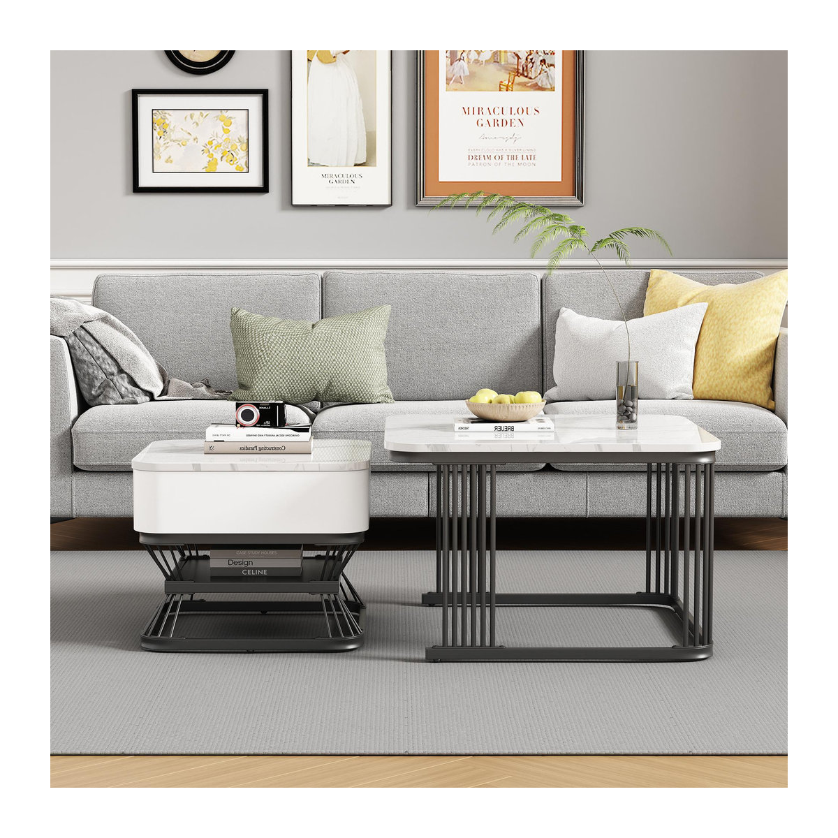 2-teiliges Couchtisch-Set PD1 in Weiß und Schwarz, quadratisch im modernen skandinavischen Design mit Schublade, B/T/H: 70 x 70 x 45 cm und 50 x 50 x 40 cm - Bild 2