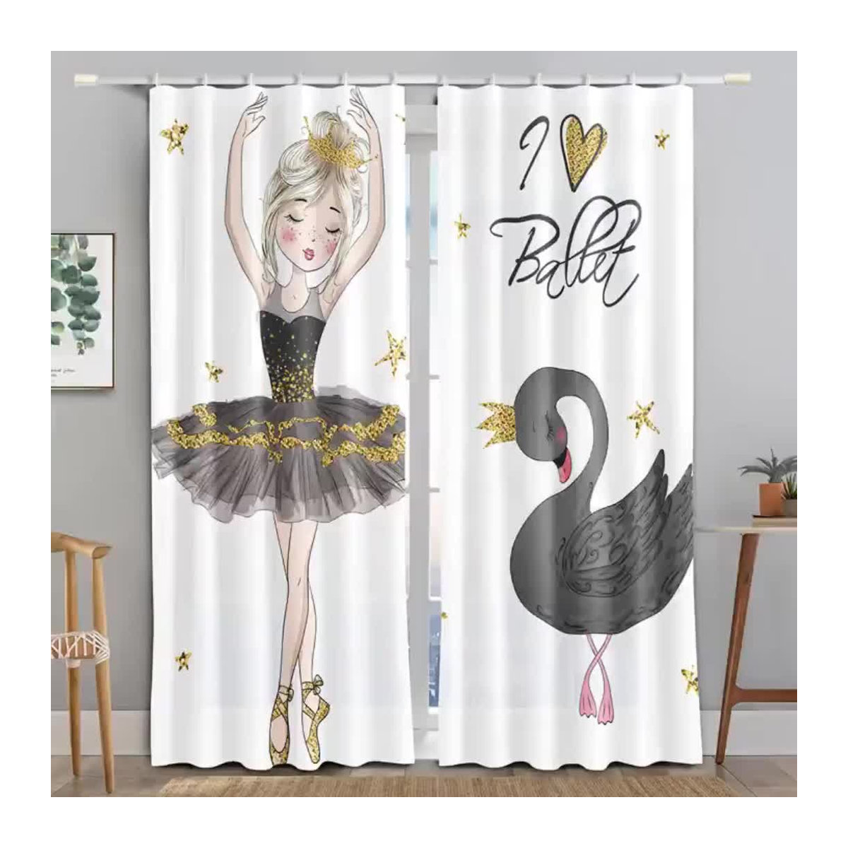 2-teiliges halbtransparentes Vorhang-Set Schwanentanz mit Digitaldruck, inklusive Haken und Seil, B: 50 cm, H: 50 cm - Bild 1