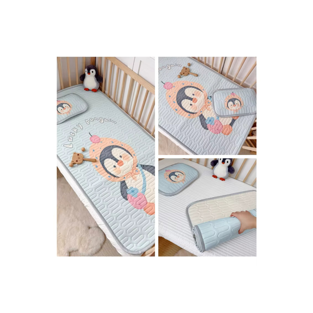 2-teiliges kühlendes Bettwäsche-Set aus Viskosefaser und Latex mit Cartoon-Pinguin-Design für Kinder, B/T: 60 x 120 cm - Bild 2