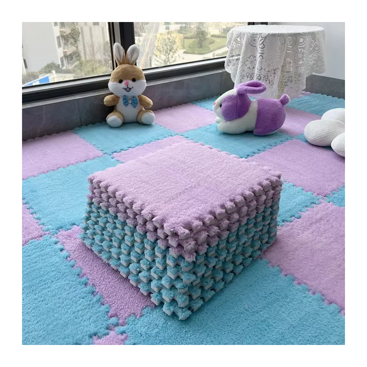 20 Stück DHDH Plüsch-Puzzle-Fußmatten in Light Blue, rutschfeste Schaumstofffliesen als weicher Teppich für Babyzimmer, Kinderzimmer und Wohnbereich - Bild 2