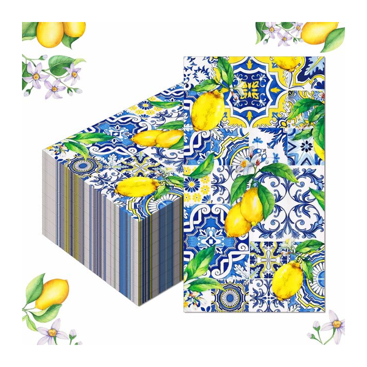 20 Stück Einweg Papier Servietten mit Zitrone und Fliesen-Design in Gelb und Blau für Party und Abendessen - Bild 1