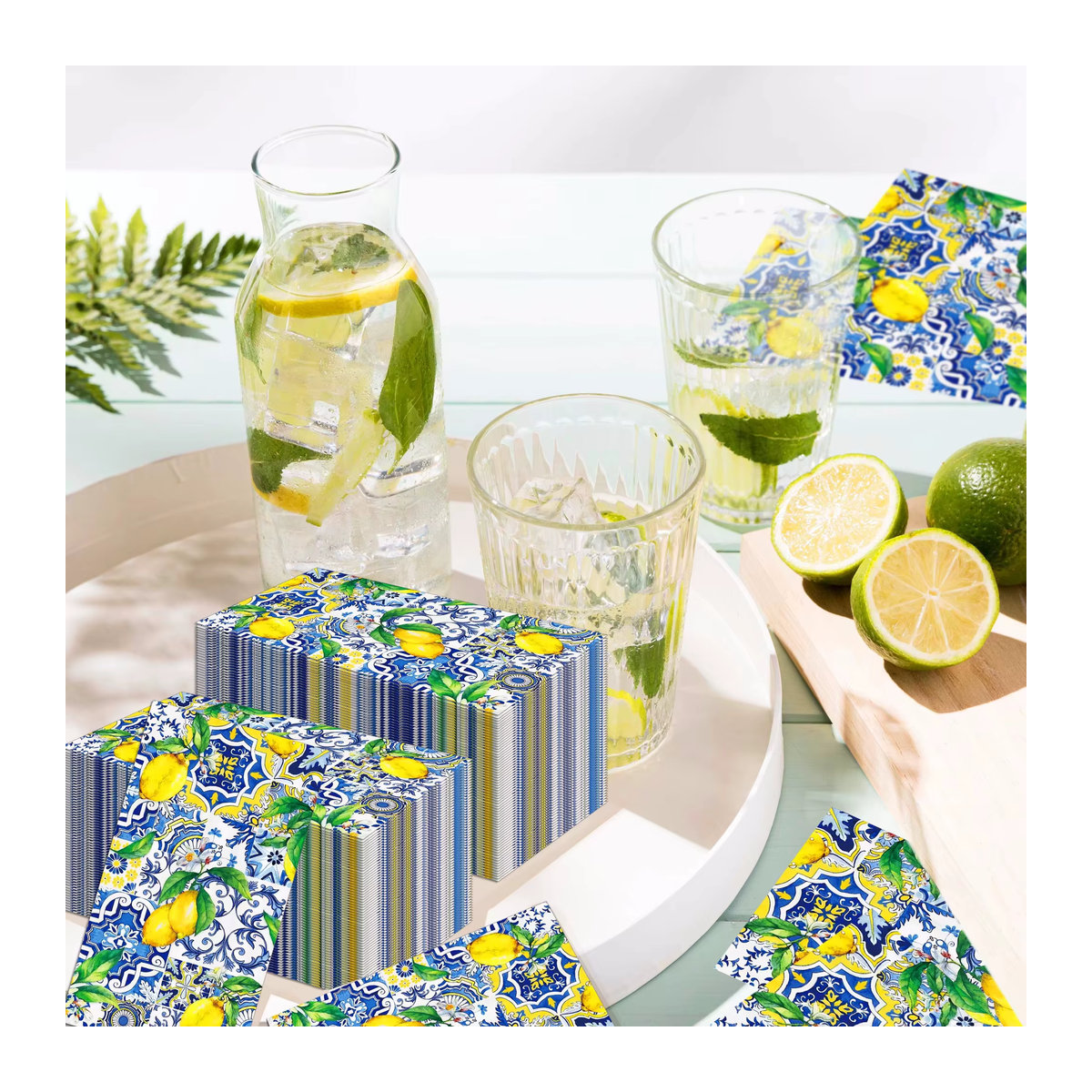 20 Stück Einweg Papier Servietten mit Zitrone und Fliesen-Design in Gelb und Blau für Party und Abendessen - Bild 2