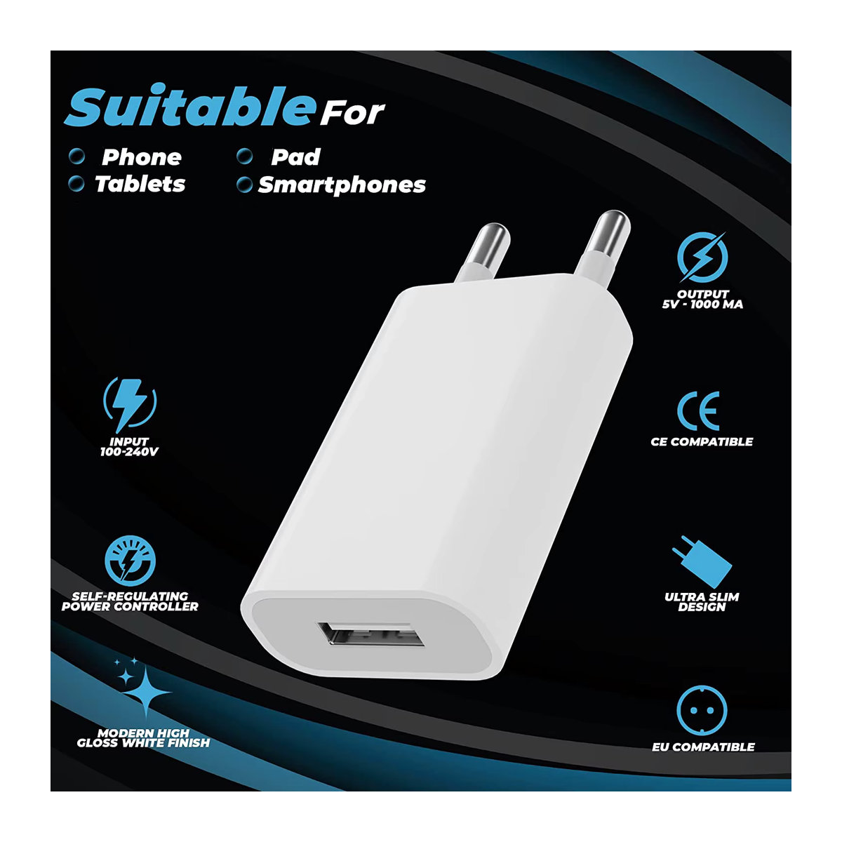 20er Set TAQKRED USB Wandladegerät 5V 1A Universal Netzteil mit EU-Stecker in Weiß - Bild 2