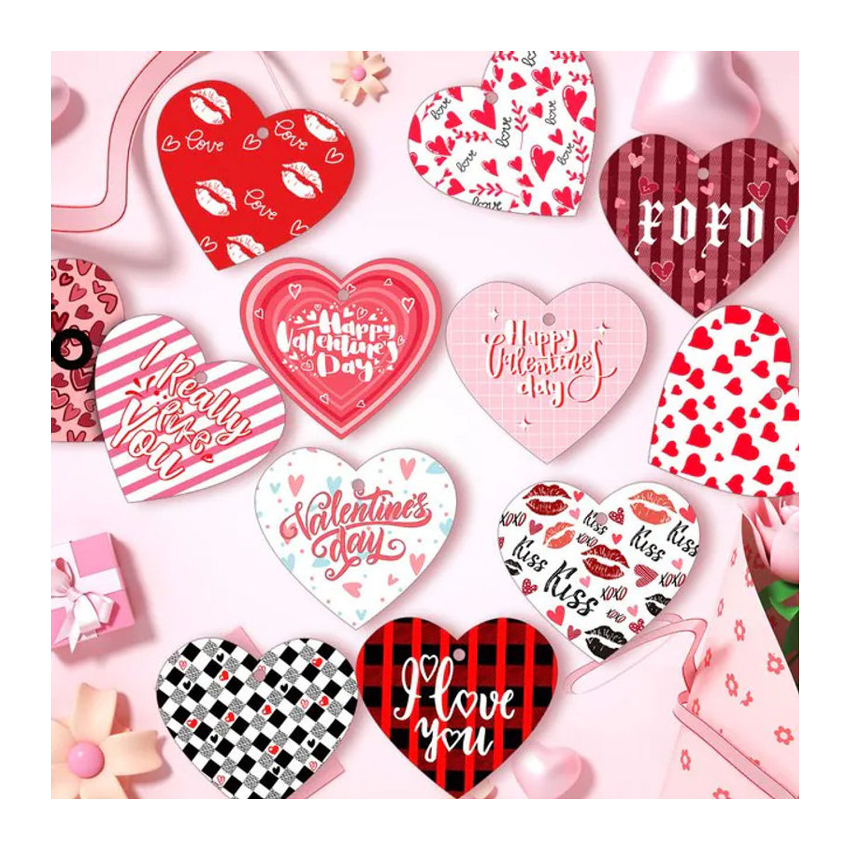 24 Stück Herz-Papieranhänger in Rot und Rosa mit I Love You und XOXO Aufdruck für Valentinstag, Hochzeit und Party-Dekoration - Bild 1