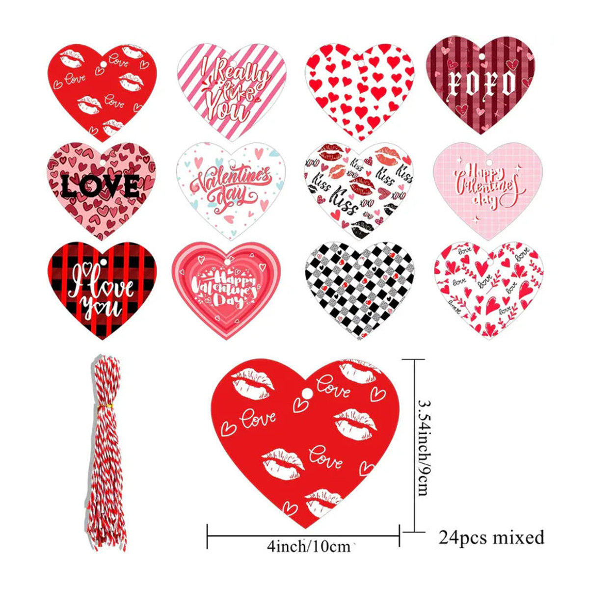 24 Stück Herz-Papieranhänger in Rot und Rosa mit I Love You und XOXO Aufdruck für Valentinstag, Hochzeit und Party-Dekoration - Bild 3
