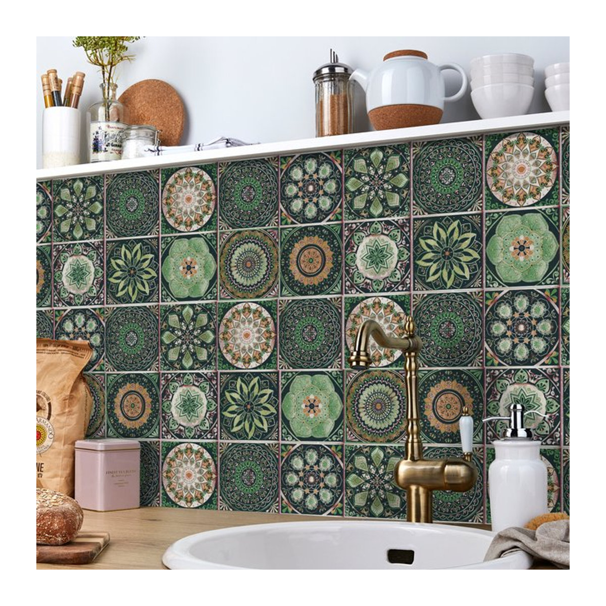 24 Stück selbstklebende Fliesenaufkleber mit Mandala-Retro-Muster in Grün, wasserfeste und abnehmbare Wandaufkleber für Küche und Badezimmer - Bild 1