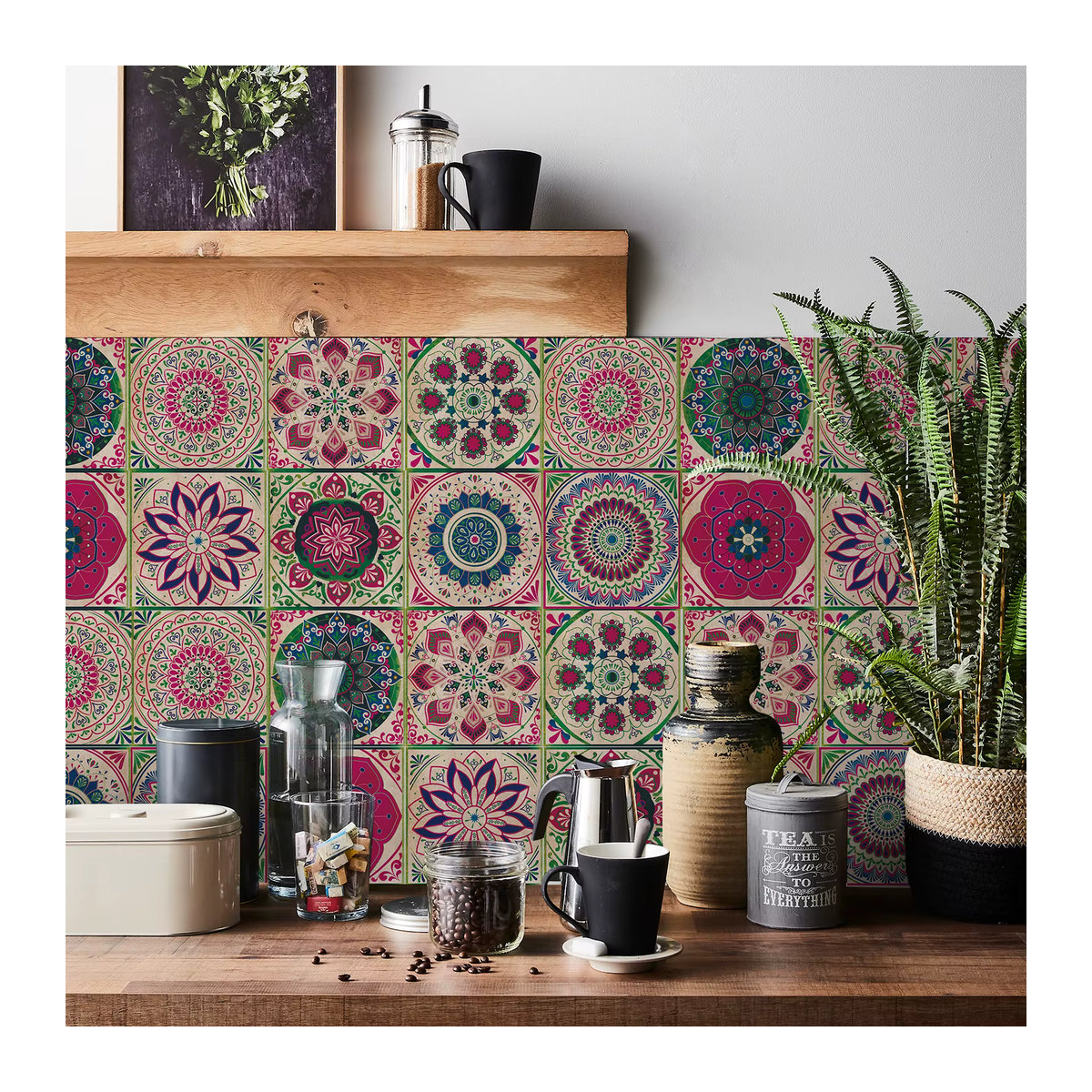 24 Stück selbstklebende Fliesenaufkleber mit Mandala-Retro-Muster in Grün, wasserfeste und abnehmbare Wandaufkleber für Küche und Badezimmer - Bild 2