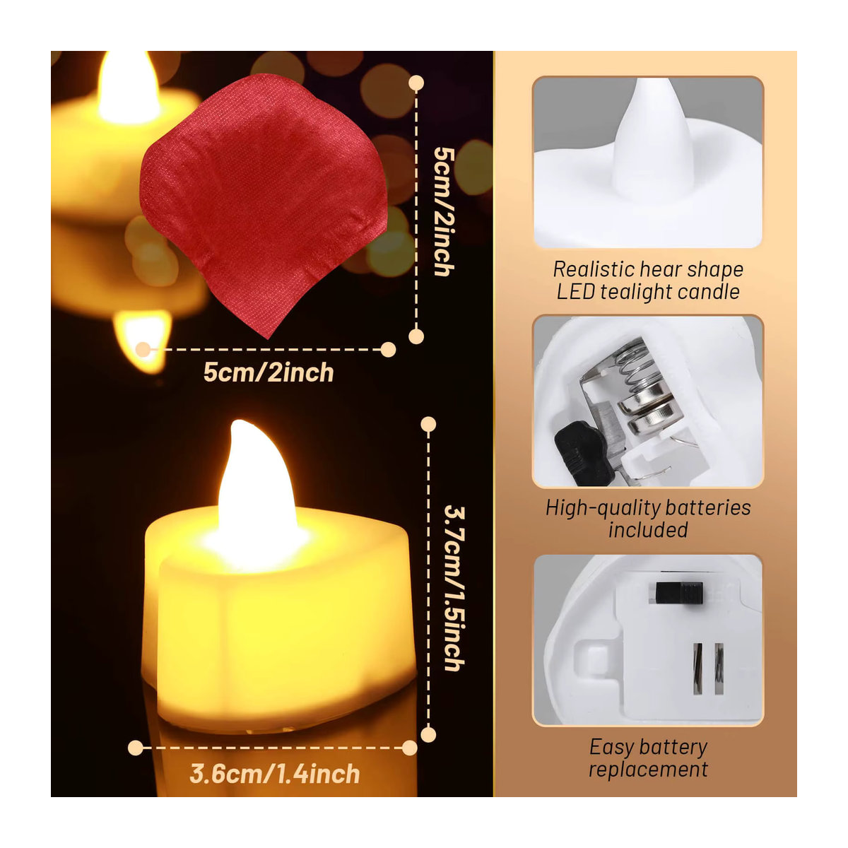 24er-Pack herzförmige elektrische LED-Teelichter in Weiß mit künstlichen Rosenblättern für romantische Dekorationen zum Hochzeitstag - Bild 3