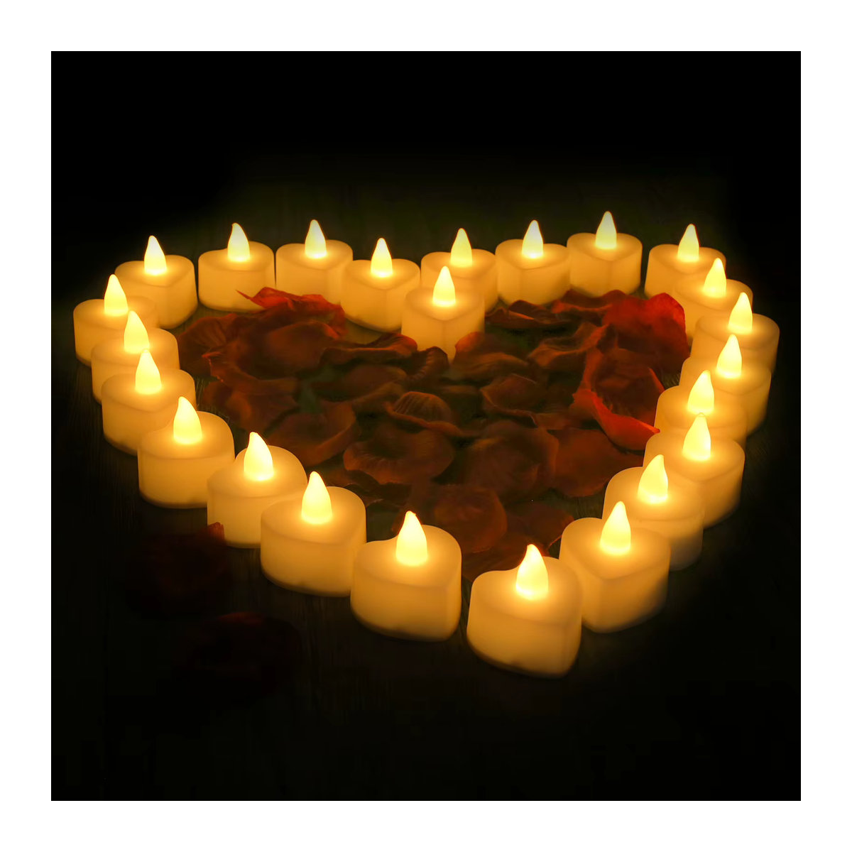 24er-Pack herzförmige elektrische LED-Teelichter in Weiß mit künstlichen Rosenblättern für romantische Dekorationen zum Hochzeitstag - Bild 5