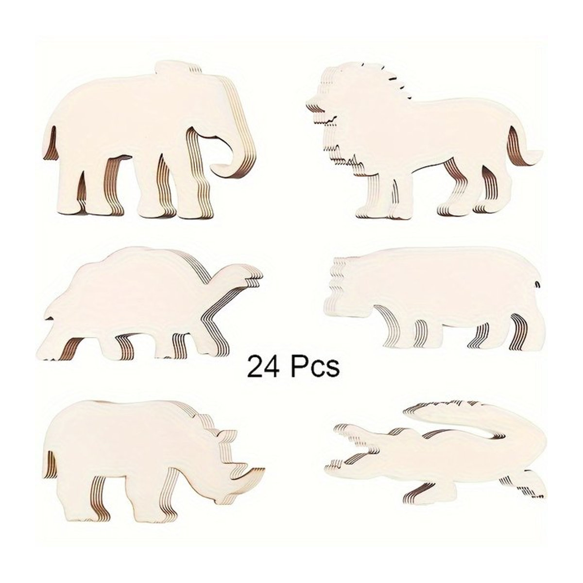 24er Pack Holz Tierausschnitte Safari Dschungel Ornamente in Beige mit Elefant, Nashorn, Löwe, Nilpferd, Krokodil und Schildkröte - Bild 1