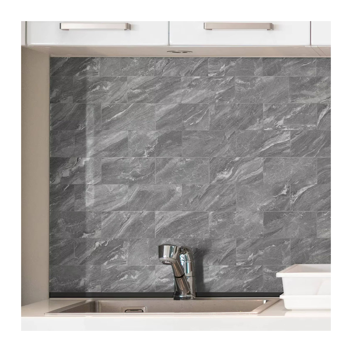 24er Set Selbstklebende Marmor Wandaufkleber in Grau, Wasserdichte PET Keramik Fliesen Aufkleber für Küche und Badezimmer, Rechteckiges Geometrisches Design - Bild 2