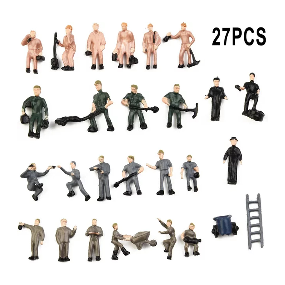 27 Stück Modellbau Figuren Set Eisenbahn Arbeiter mit Werkzeug im Maßstab 1:87 HO Multicolor - Bild 1