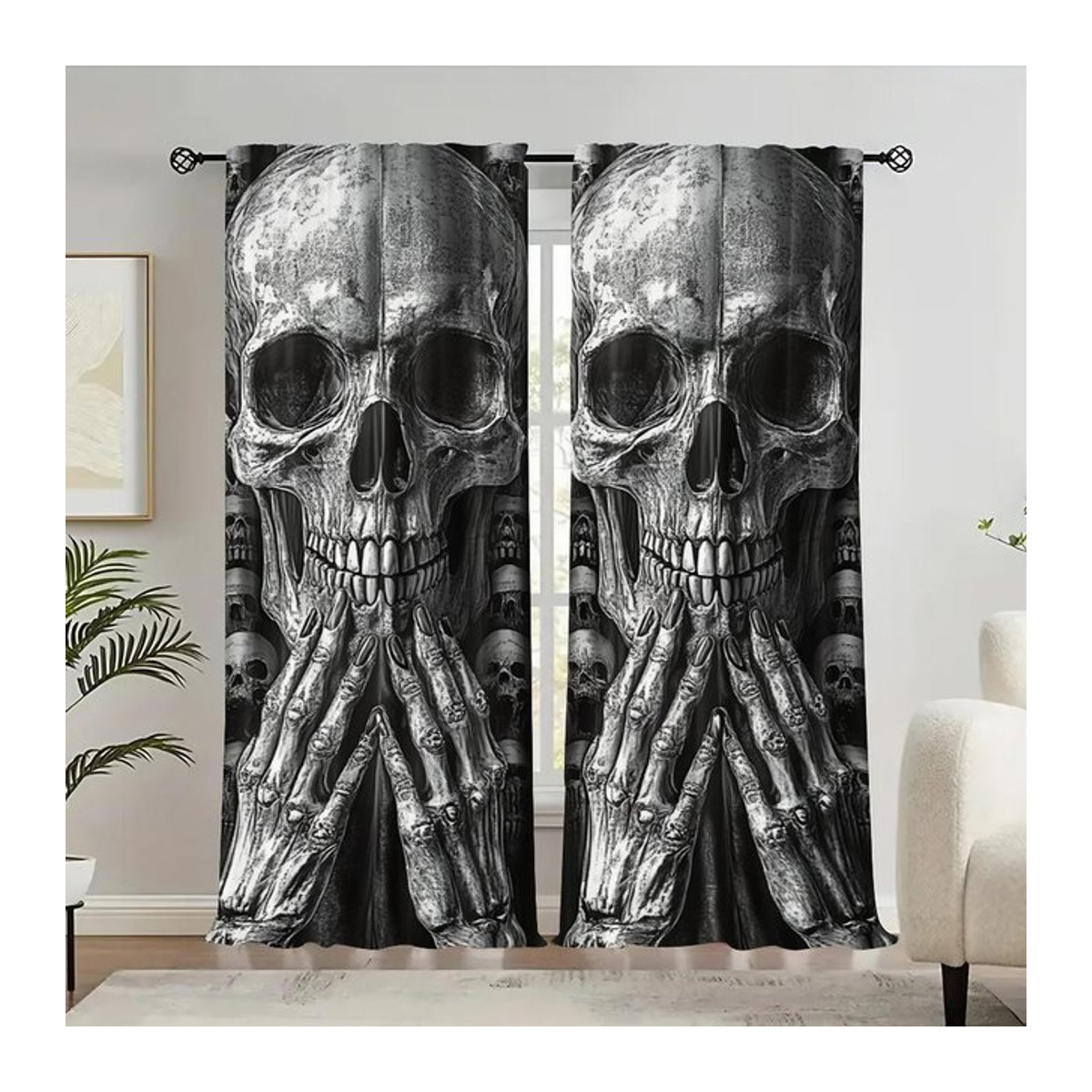 2er Set Dekorative Vorhänge mit Skelett-Aufdruck in Schwarz-Weiß aus Polyester, Breite: 100 cm, Höhe: 70 cm - Bild 1