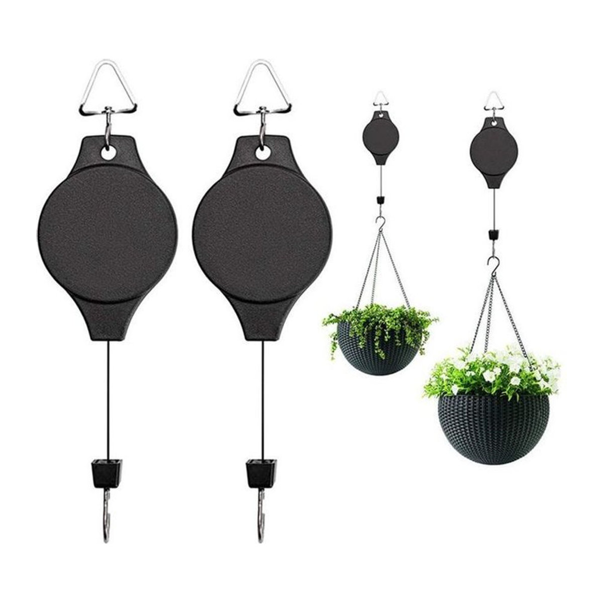 2er-Set einziehbarer Rollenhaken in Schwarz für hängende Gartenpflanzen und Blumen - Bild 1