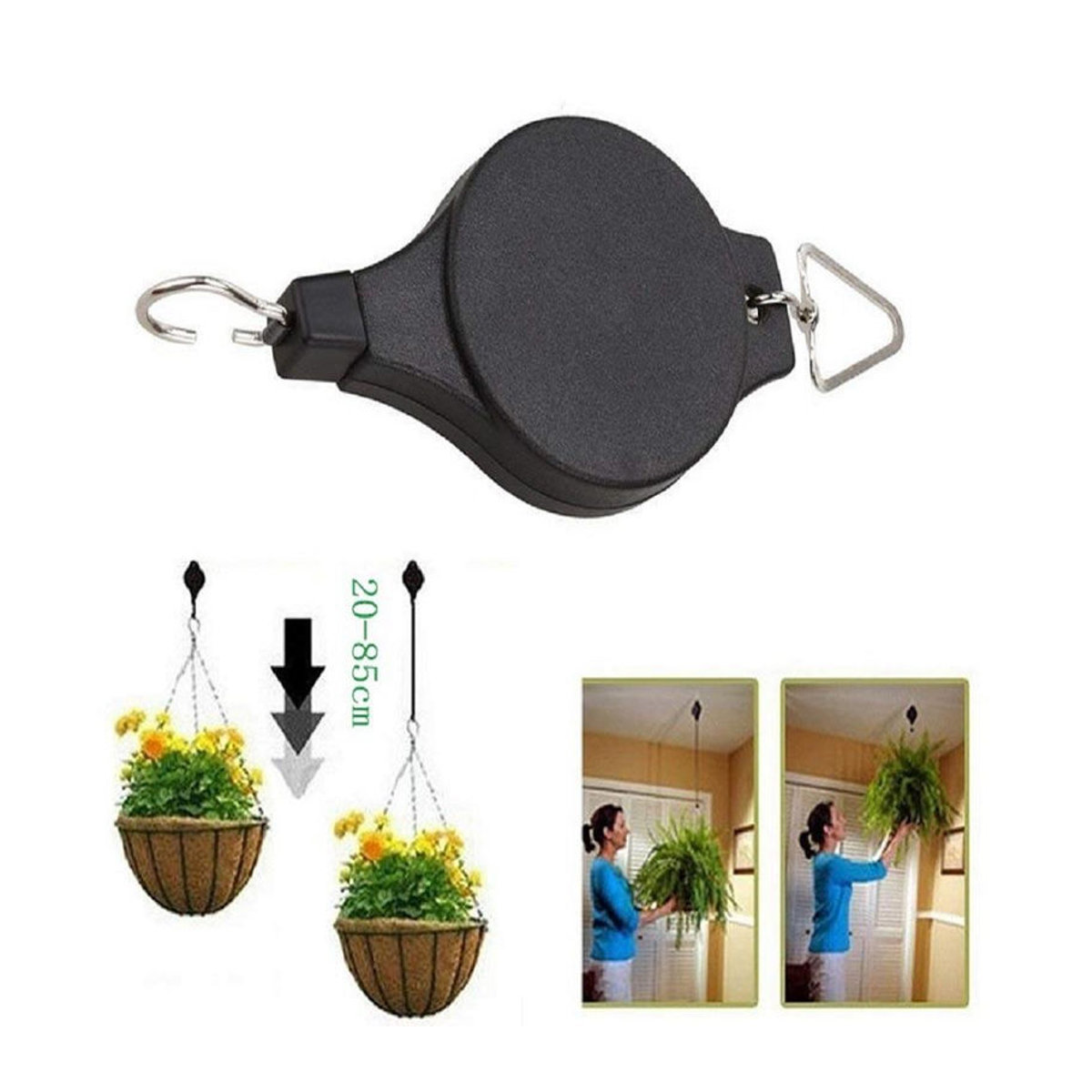2er-Set einziehbarer Rollenhaken in Schwarz für hängende Gartenpflanzen und Blumen - Bild 3