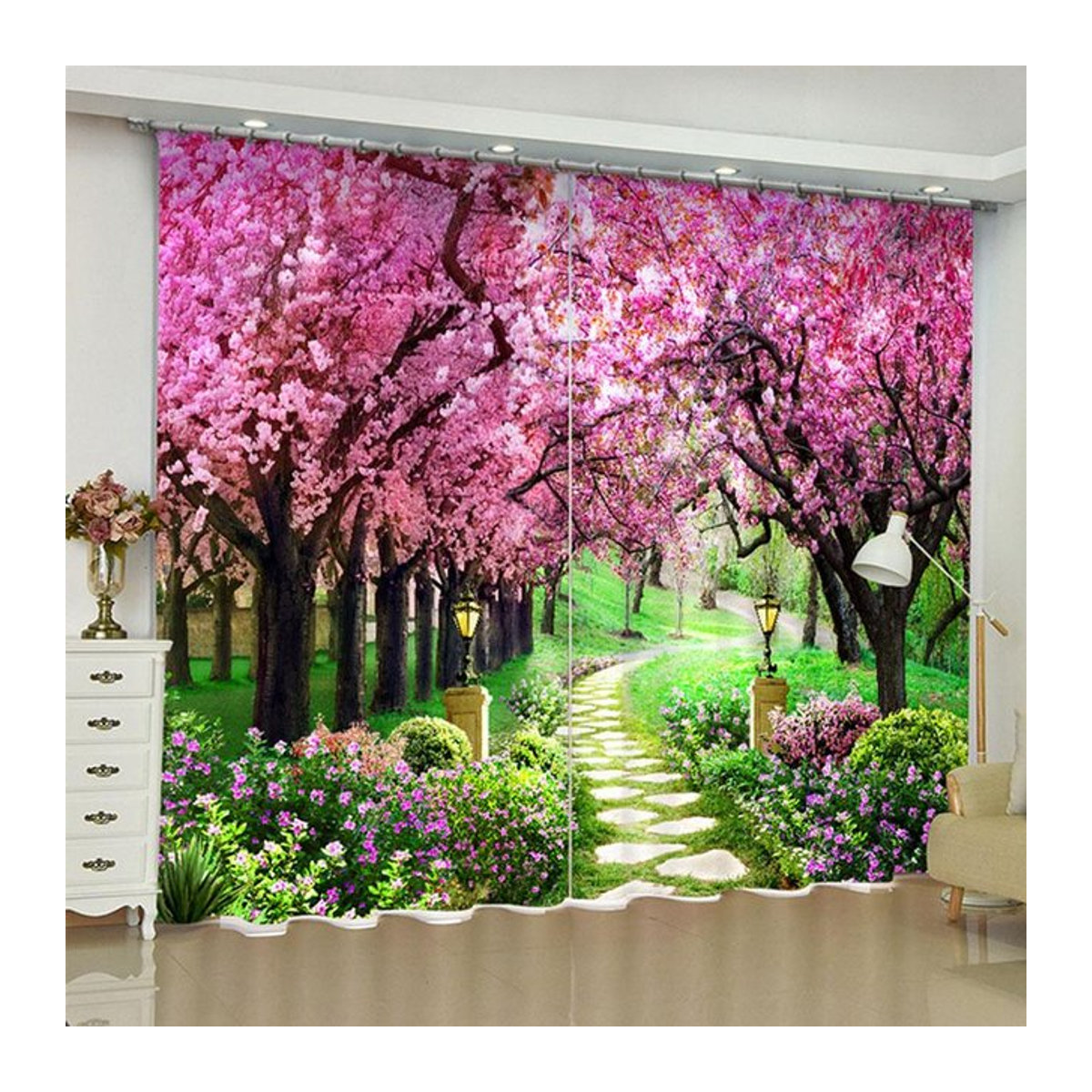 2er-Set halbtransparente Vorhänge mit rosa Sakura Kirschblüten-Print für Schlafzimmer, Wohnzimmer oder Küche, Farbe: Rosa, Breite: 50 cm, Höhe: 130 cm - Bild 1