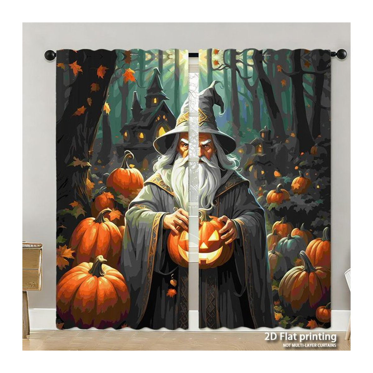 2er Set Halloween Vorhänge mit Kürbis-Motiv in Dunkelgrün und Orange, blickdichte Polyester-Dekorationsvorhänge, Breite: 100 cm, Höhe: 130 cm - Bild 1