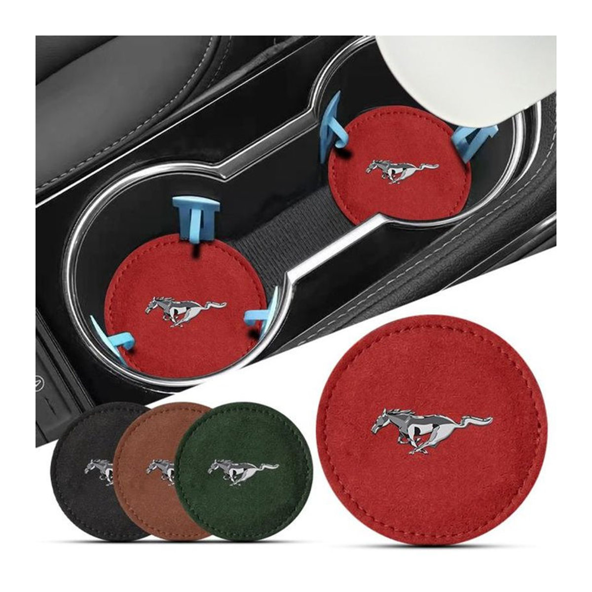 2er-Set Rutschfeste Auto Getränkehalter Untersetzermatte aus PU Leder in Braun für Ford Mustang, Mach E und Focus - Bild 1