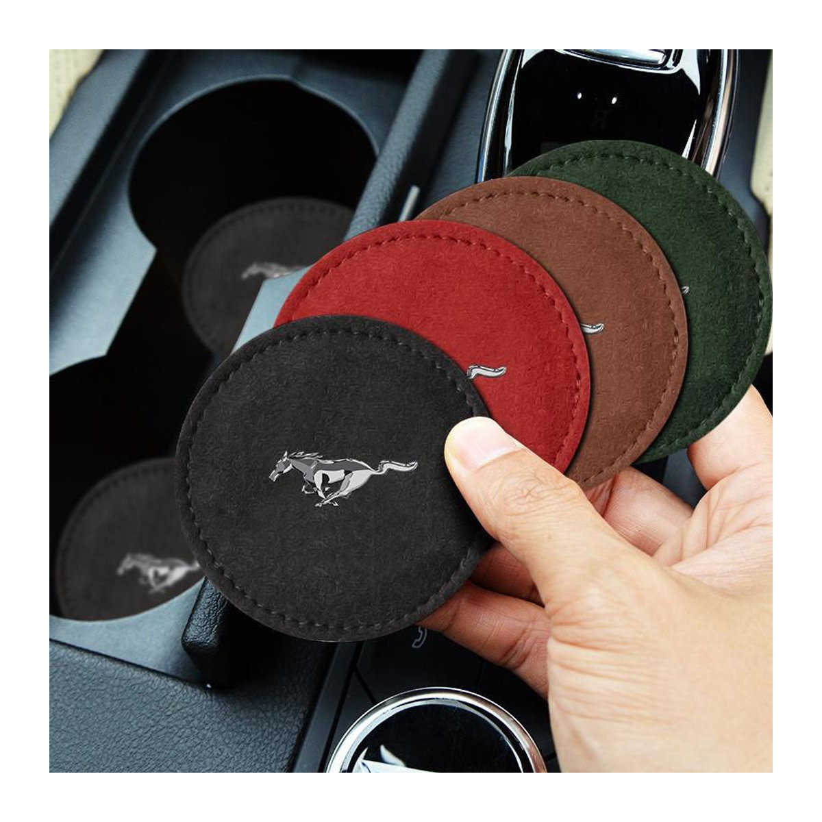 2er-Set Rutschfeste Auto Getränkehalter Untersetzermatte aus PU Leder in Braun für Ford Mustang, Mach E und Focus - Bild 5