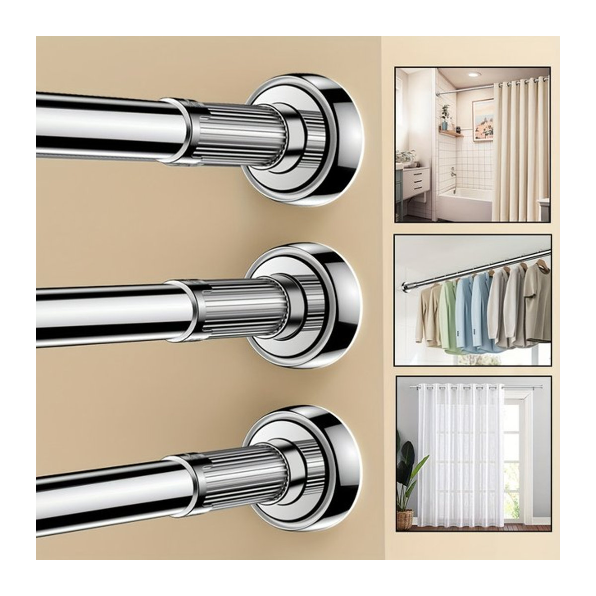 2er-Set Spannstangen für Vorhänge in Silber, verstellbare Gardinenstangen ohne Bohren für Schrank und Küche - Bild 1