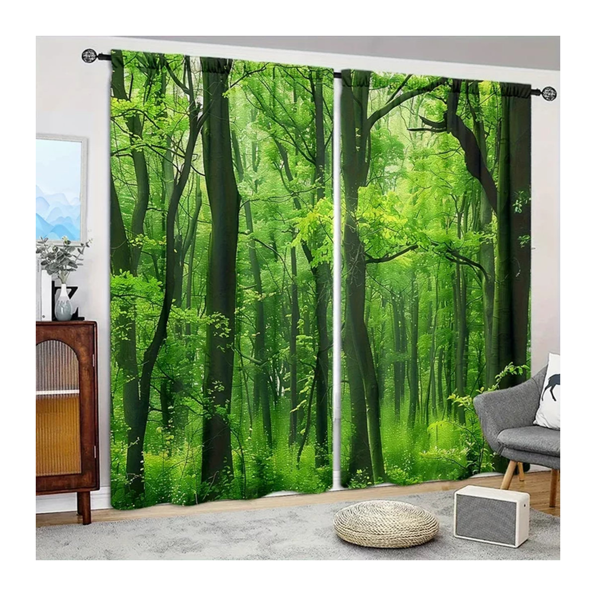 2er-Set Vorhang mit Wald-Print für Wohnzimmer, Schlafzimmer und Büro, Stabtaschen-Fensterdekoration - Bild 1