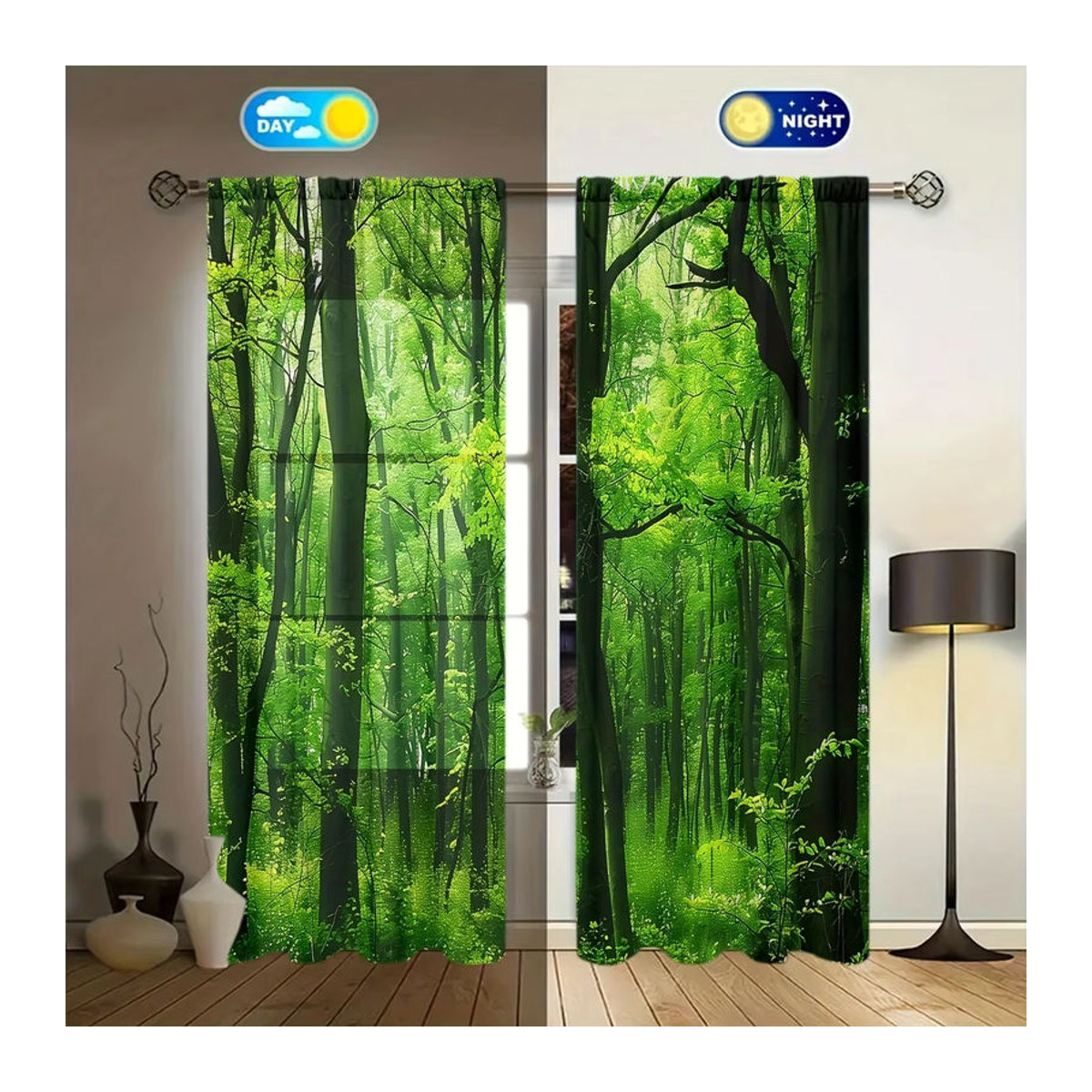 2er-Set Vorhang mit Wald-Print für Wohnzimmer, Schlafzimmer und Büro, Stabtaschen-Fensterdekoration - Bild 3