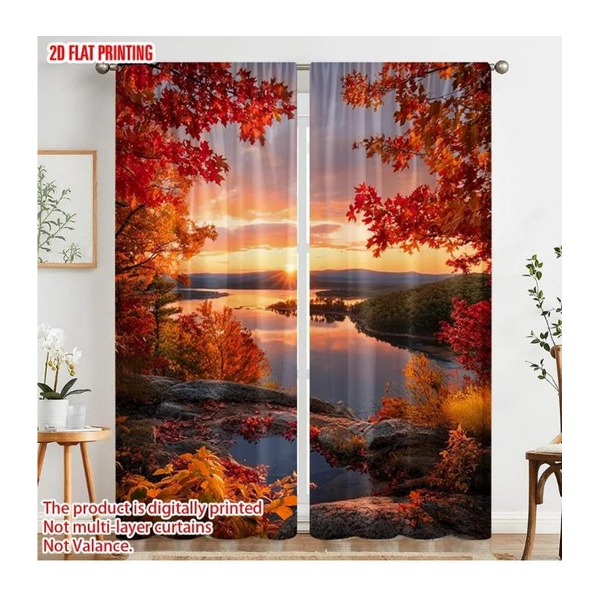 2er-Set Vorhänge mit Flugzeug- und Herbstmotiv im Digitaldruck aus strapazierfähigem Polyester, Farbe: Herbst Sonnenuntergang mit Ahornblatt, Breite: 100 cm, Höhe: 70 cm - Bild 1
