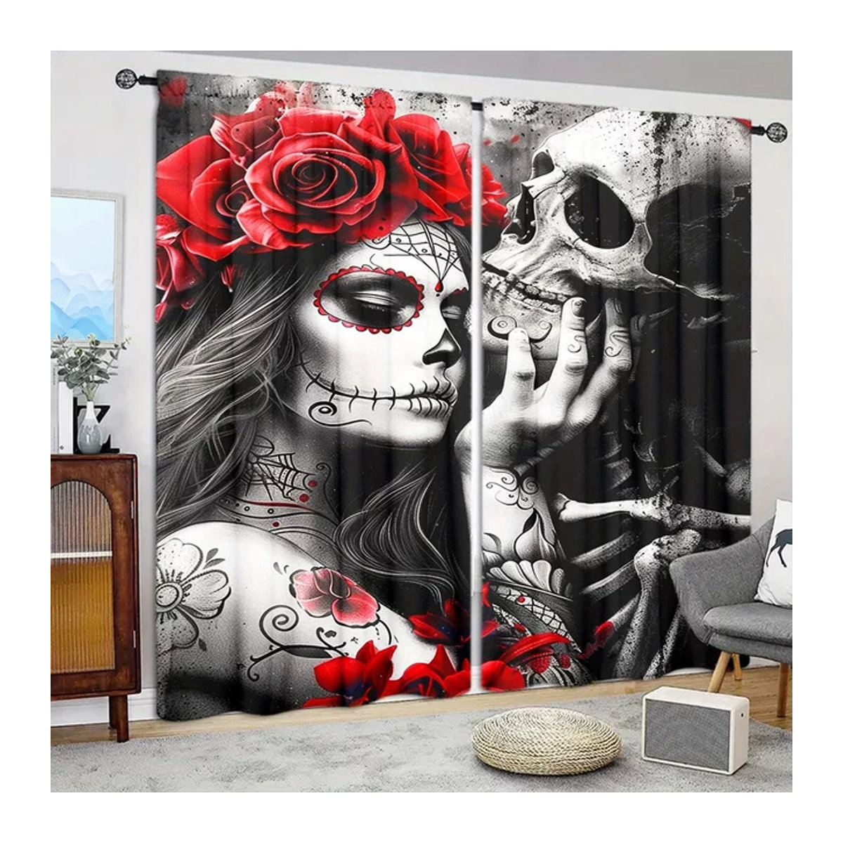 2er-Set Vorhänge mit Skelett-Liebe-Print für Fenster in Wohnzimmer, Schlafzimmer und Büro - Bild 1