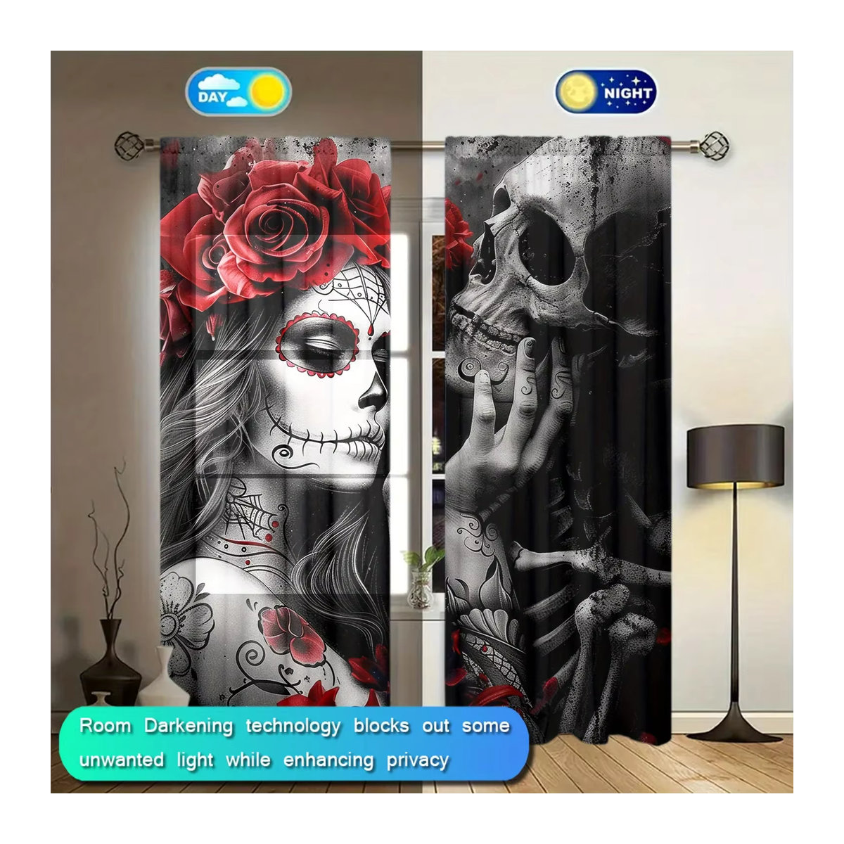 2er-Set Vorhänge mit Skelett-Liebe-Print für Fenster in Wohnzimmer, Schlafzimmer und Büro - Bild 2