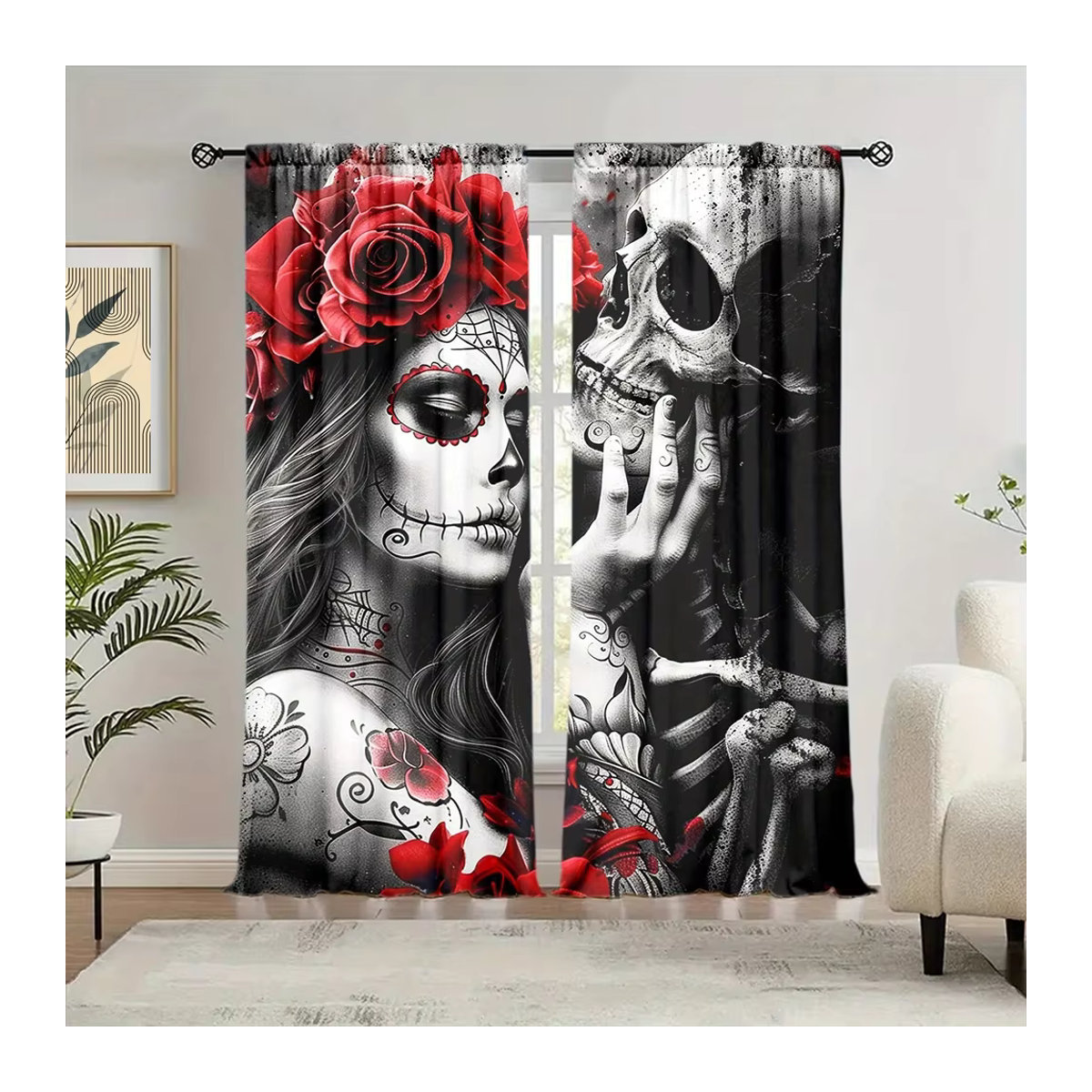 2er-Set Vorhänge mit Skelett-Liebe-Print für Fenster in Wohnzimmer, Schlafzimmer und Büro - Bild 4