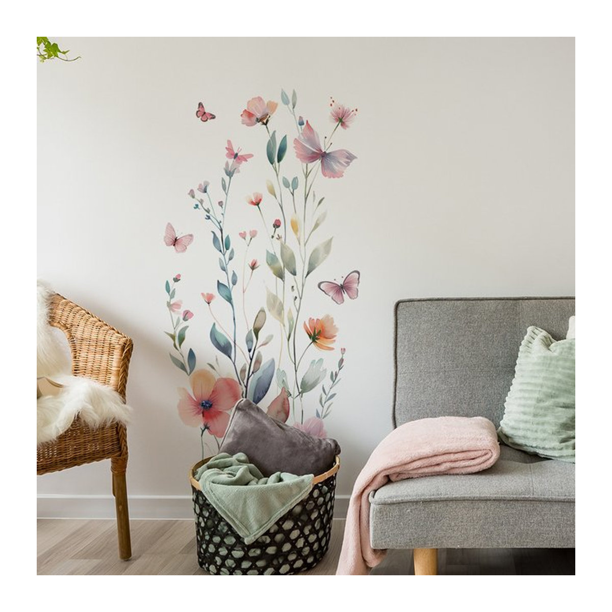 2er Set Wanddeko mit Aquarell Blumen Blättern und Schmetterlingen für Wohnzimmer und Schlafzimmer - Bild 1