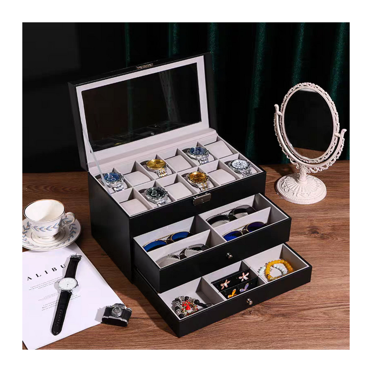 3-lagige Sonnenbrillenbox aus schwarzem Leder mit Schmuck-Display, Schublade und Metallschnalle als Organizer für Uhren und Brillen - Bild 1