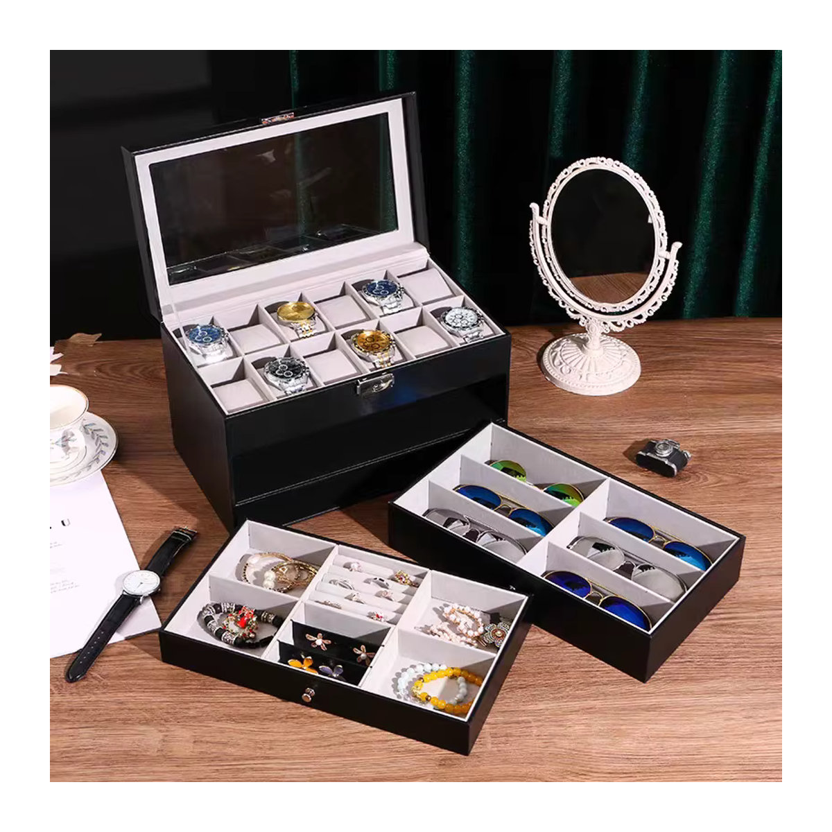 3-lagige Sonnenbrillenbox aus schwarzem Leder mit Schmuck-Display, Schublade und Metallschnalle als Organizer für Uhren und Brillen - Bild 2