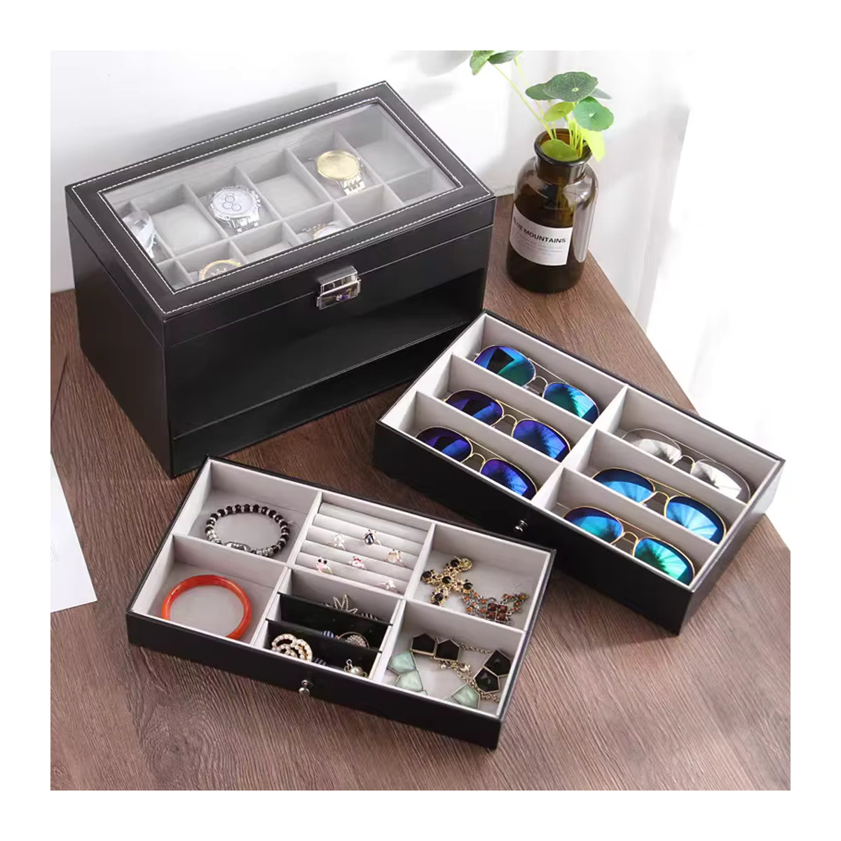 3-lagige Sonnenbrillenbox aus schwarzem Leder mit Schmuck-Display, Schublade und Metallschnalle als Organizer für Uhren und Brillen - Bild 3