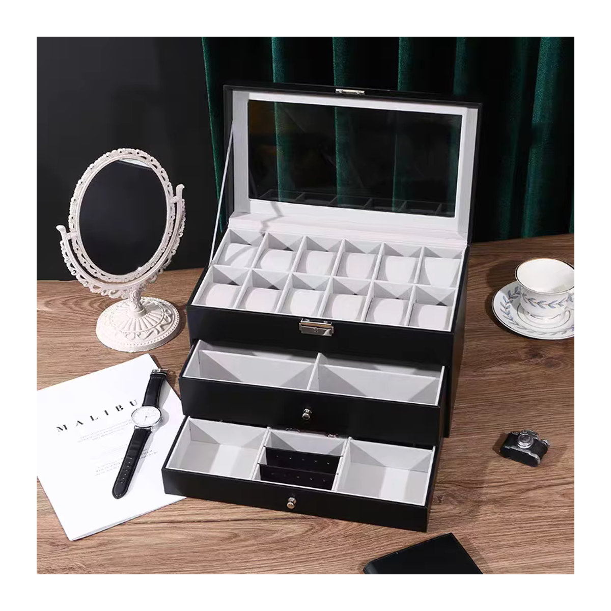 3-lagige Sonnenbrillenbox aus schwarzem Leder mit Schmuck-Display, Schublade und Metallschnalle als Organizer für Uhren und Brillen - Bild 4