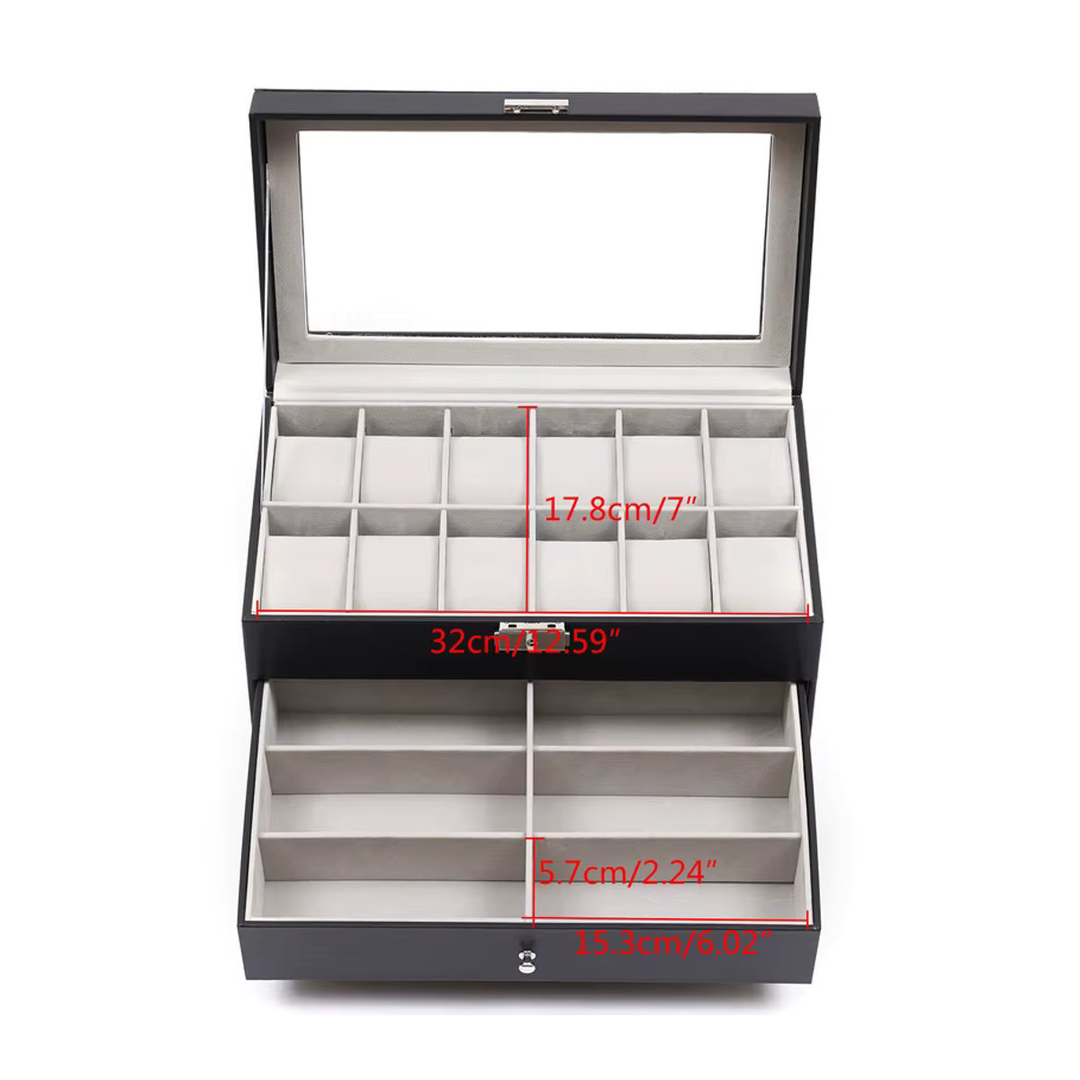 3-lagige Sonnenbrillenbox aus schwarzem Leder mit Schmuck-Display, Schublade und Metallschnalle als Organizer für Uhren und Brillen - Bild 6