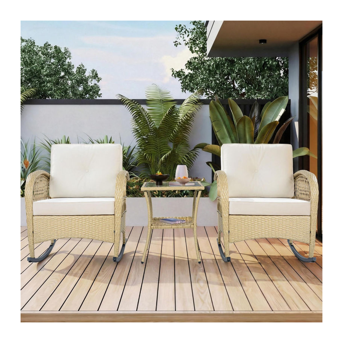 3-teilige Rattan-Balkongarnitur von GL Store in Beige mit 2 Schaukelstühlen mit hoher Rückenlehne im minimalistischen Design, B/T/H: 80 x 76 x 86 cm - Bild 2