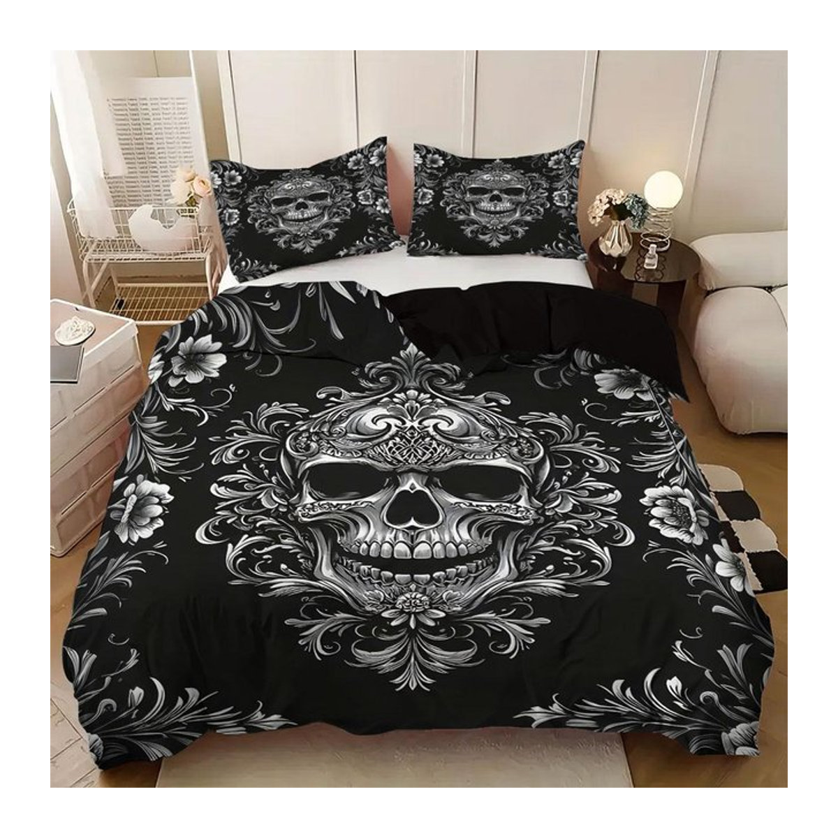 3-teiliges Bettbezug-Set Monika Chen im Viktorianischen Barock Gotik Stil mit Skelett-Motiv, Schwarz-Weiß, B/H: 135 x 200 cm - Bild 1