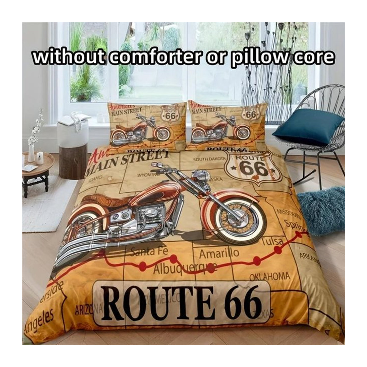 3-teiliges Bettwäsche-Set Creative Homewares mit Vintage-Auto Route 66 Aufdruck und Kissenbezügen, Retro-Motorrad Design, B/H: 135 x 200 cm - Bild 1