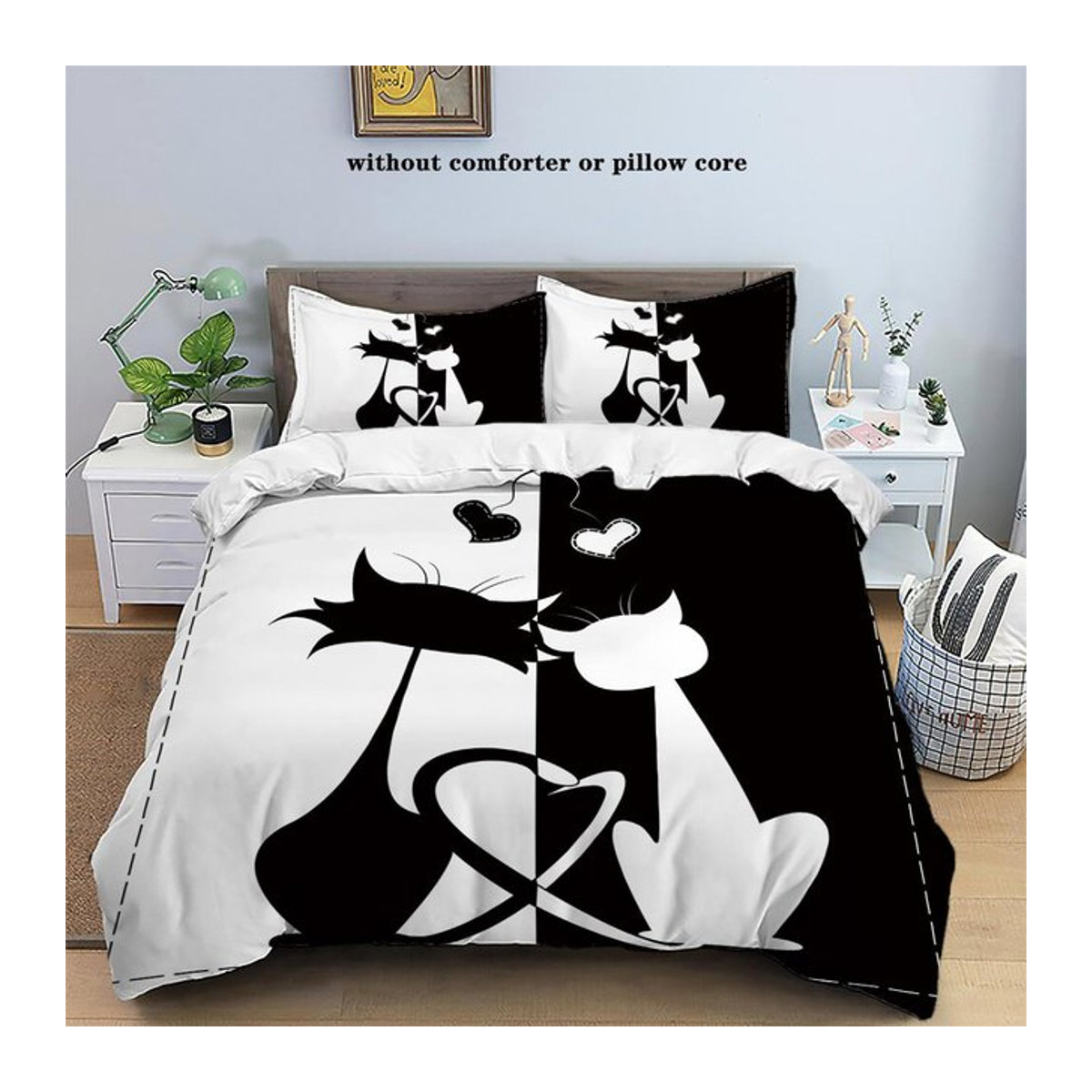 3-teiliges Bettwäsche-Set Jessica Chen mit Kawaii Katze 3D-Druck in Schwarz Weiß, B/H: 135 x 200 cm - Bild 1