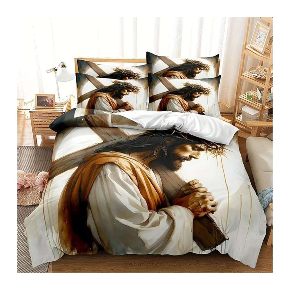 3-teiliges Bettwäsche-Set Jesus trägt das Kreuz von Creative Homewares aus weichem Polyester mit Reißverschluss, EU Single, B: 135 cm, L: 200 cm - Bild 1