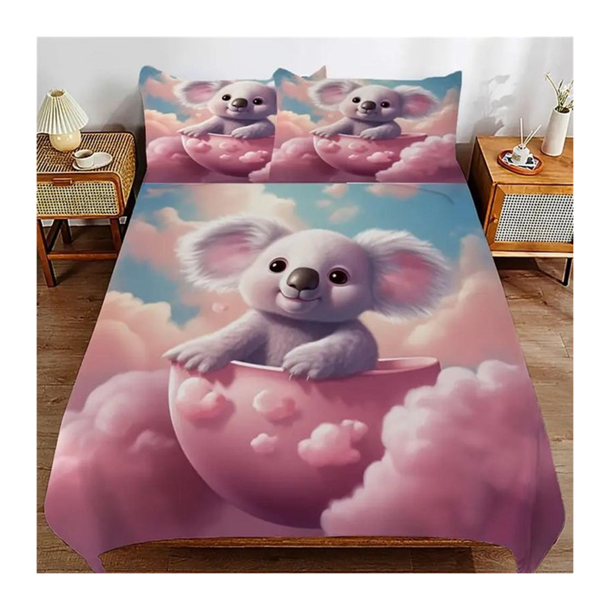 3-teiliges Bettwäsche-Set mit Cartoon Koala Motiv in Multicolor, bestehend aus einem Bettbezug und zwei Kissenbezügen, B/H: 135 x 200 cm - Bild 1