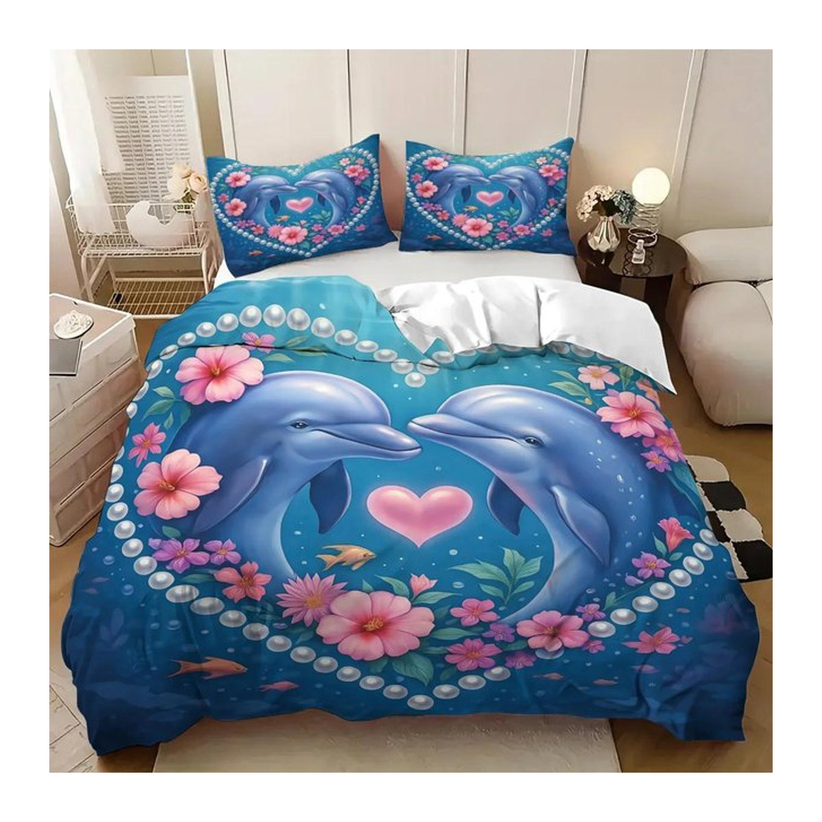 3-teiliges Bettwäsche-Set mit Delfin-Paarmotiv in Blau, bestehend aus 1 Bettbezug und 2 Kissenbezügen, Bettgröße: 135 x 200 cm - Bild 1