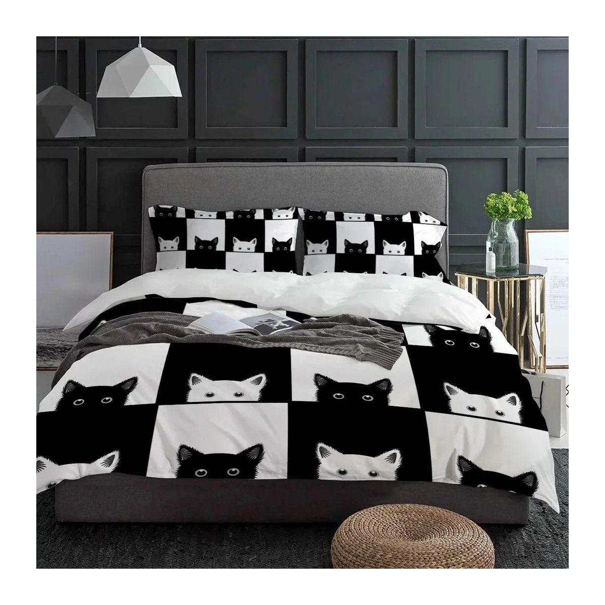 3-teiliges Bettwäsche-Set mit geometrischem schwarz-weiß kariertem Katzen-Design inklusive Kissenbezug und Steppdeckenbezug, B/H: 135 x 200 cm - Bild 1