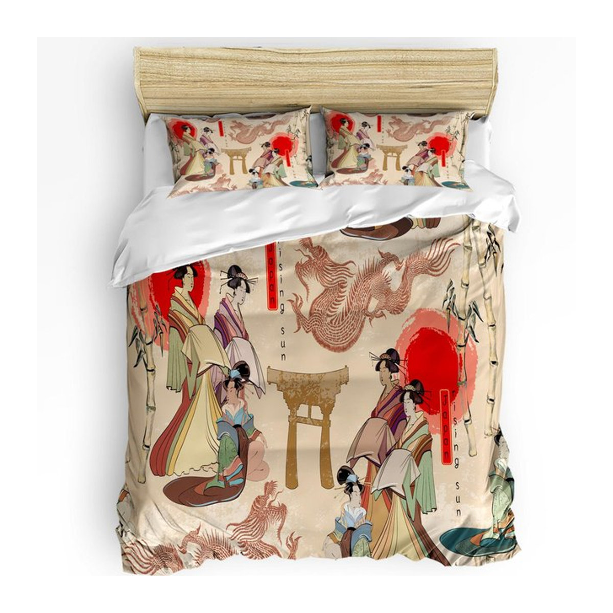 3-teiliges Bettwäsche-Set mit Japanischem Geisha-Karpfen-Ahornblatt-Design für Doppelbetten, inklusive Bettbezug und Kissenbezügen, B/H: 245 x 210 cm - Bild 1