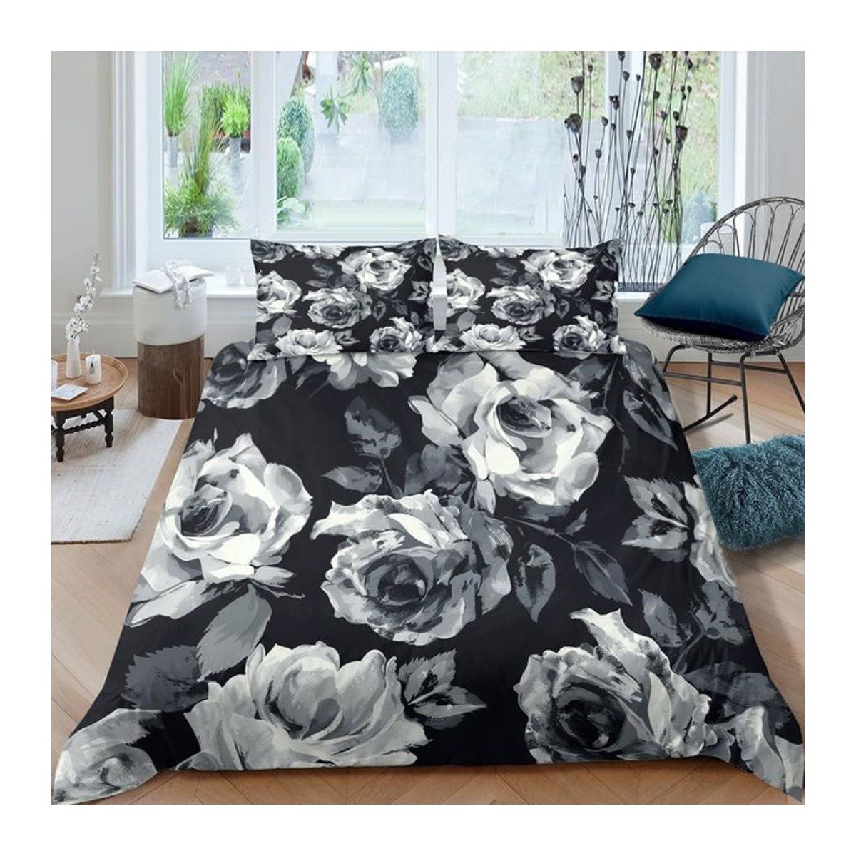 3-teiliges Bettwäsche-Set mit Pflanzen- und Blumen-Motiv im 3D-Druck aus ultraweicher Mikrofaser inklusive 2 Kissenbezügen mit Reißverschluss, B/H: 135 x 200 cm - Bild 1